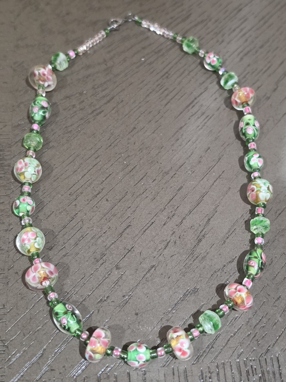 Floral Green and Pink Glass Bead Necklace